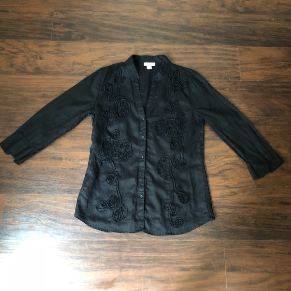 Charter Club women’s black linen blouse floral sz6 - Picture 2 of 8
